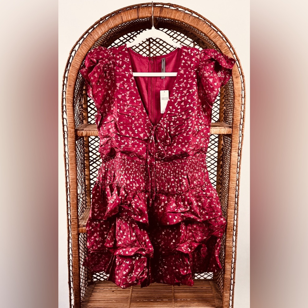 Anthropologie Garnett Ruffle Mini Dress NWT Short Sleeve Metallic Red - Picture 2 of 4